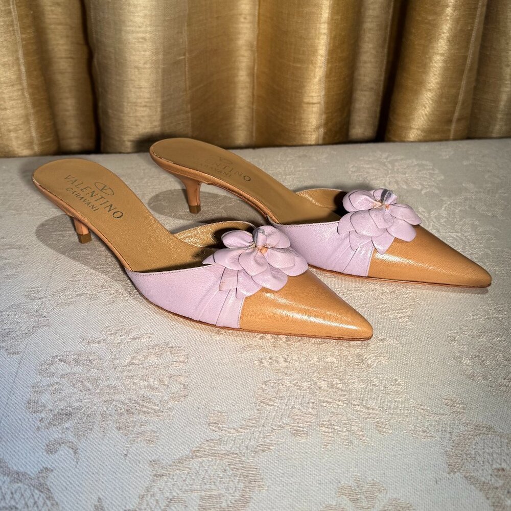 Valentino Garavani Lilac & Tan Mules with Flower Accent Size 38